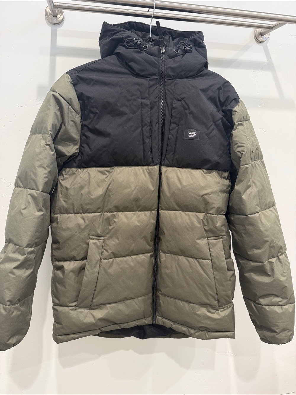Vans Two-Tone Hooded Puffer Jacket in Black and Olive